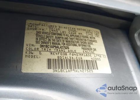 2010 Nissan Versa 1.8S z USA, uszkodzony, nr VIN 3N1BC1AP9AL427525